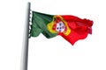 A large flag of Portugal is flying in a strong wind on a white background