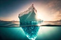 large floating iceberg reflecting sunlight and small ice floating in sea Royalty Free Stock Photo