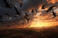 A large flock of birds soar through the sky above a golden field as the sun sets, flock of African birds flying against dramatic Royalty Free Stock Photo