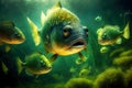 Large flock of small and large piranhas swims among algae Royalty Free Stock Photo