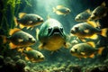 Large flock of small and large piranhas swims among algae Royalty Free Stock Photo