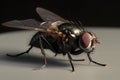 Large fly on gray table, dark background, macro. Generative AI content. Royalty Free Stock Photo
