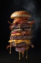 Large flying burger filled with beef and cheese on a black background photo, in the style of playful surrealism