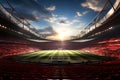 Large football stadium, seats and sky, shot with wide angle lens. Green terrain