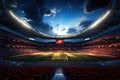 Large football stadium, seats and sky, shot with wide angle lens. Green terrain