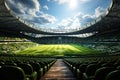 Large football stadium, seats and sky, shot with wide angle lens. Green terrain