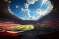 Large football stadium, seats and sky, shot with wide angle lens. Green terrain