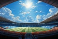 Large football stadium, seats and sky, shot with wide angle lens. Green terrain