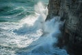 A large and forceful wave crashes against the rugged cliff, creating a dramatic display of water and rock collision, The fury of