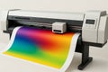Large format industrial printer creating colorful gradient artwork in studio workspace. concept of digital printing, color design Royalty Free Stock Photo