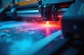 Large format printer applies vibrant colors to material. Modern tech creates artwork with glowing ink. Digital printing machine Royalty Free Stock Photo