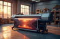 Large format printer creates scenic landscape image. Industrial printing machine runs in workshop. Professional large scale Royalty Free Stock Photo