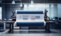 A large format printer prints a map or building plans on a roll of paper.