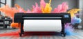 Large format printer produces vivid colours. AI-powered machine prints on wide media. Modern office equipment. Professional