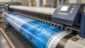 Large format printer producing blue patterned material Royalty Free Stock Photo