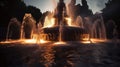 a large fountain is lit up at night with water spraying out of it\'s sides and lights on the sides of