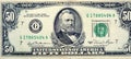Obverse side of 50 fifty dollars bill banknote series 1981 with the portrait of president Ulysses S. Grant, Old American money