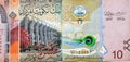 obverse side of 10 KWD ten Kuwaiti dinar bill banknote features The National Assembly of Kuwait, a sambuk dhow ship Royalty Free Stock Photo