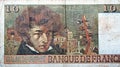 Large fragment of the reverse side of 10 ten French cent francs banknote currency by Bank of France features portrait of Louis