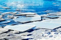 Large fragments of ice on the river, melting ice