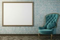 large frame centered on a wall with patterned wallpaper, teal chair in front