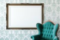 large frame centered on a wall with patterned wallpaper, teal chair in front