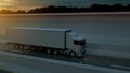 Large freight truck driving on a highway at sunset backlit by a bright orange sunburst under an ominous cloudy sky. 3d Rendering