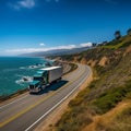 Large freight truck moving along a coastal highway, AI-generated.