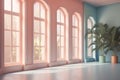 Large French windows, pastel colors, blue and pink. AI generative