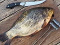 Large fresh golden carp on a kitchen board ready to be scaled. Russian river fish on a wooden background