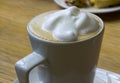 A large frothy topped hot cappuccino coffee in a plain porcelain cup.