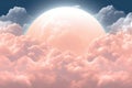 Large full moon against the background of pink clouds and starry sky