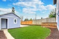 Large fully fenced back yard with a garage.