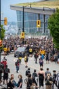 A large gathering of demonstrators participating in the Freedom March. Vancouver BC Canada