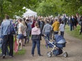 A large gathering of people in the open air. Woman with a stroller at the festival