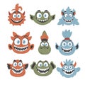A large gathering of silly and amusing monster expressions. Cartoon style