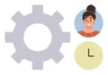 Gear mechanism alongside person avatar and clock representing efficiency and time management concepts Royalty Free Stock Photo