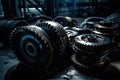 Large gear wheels coated in oil, set against a dark, shadowy industrial setting, evoking a gritty atmosphere Royalty Free Stock Photo