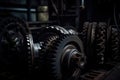 Large gear wheels coated in oil, set against a dark, shadowy industrial setting, evoking a gritty atmosphere Royalty Free Stock Photo