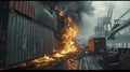 Large general cargo ship for logistic import export goods and other the explosion and had a lot of fire and smoke at sea