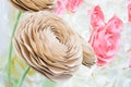 Large Giant Paper Flowers. Big pink, white, beige Rose, peony made from paper. Pastel paper background pattern lovely style. Flowe Royalty Free Stock Photo