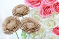 Large Giant Paper Flowers. Big pink, white, beige Rose, peony made from paper. Pastel paper background pattern lovely style. Flowe Royalty Free Stock Photo