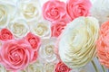 Large Giant Paper Flowers. Big pink, white, beige Rose, peony made from paper. Pastel paper background pattern lovely style. Flowe Royalty Free Stock Photo