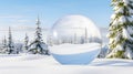 A large glass ball in which the winter snowy forest is reflected