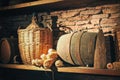 Large glass bottle and oak barrel for wine, wine cellar, brick wall background Royalty Free Stock Photo