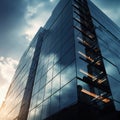 Large glass building with many windows, some of which are lit up at night. The lighting creates an interesting contrast between Royalty Free Stock Photo