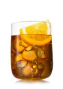 Large glass of lemon taste iced tea with ice cubes on white background