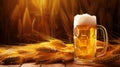 large glass of light unfiltered beer, malt, hops, barley ears standing on an old wooden table dyeing, natural background Royalty Free Stock Photo