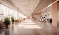 Large glass office hall with many desks for clerks.