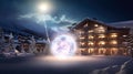 Large glowing ball at winter ski resort. Snow-capped mountain peaks. Cozy hotel, night lighting.